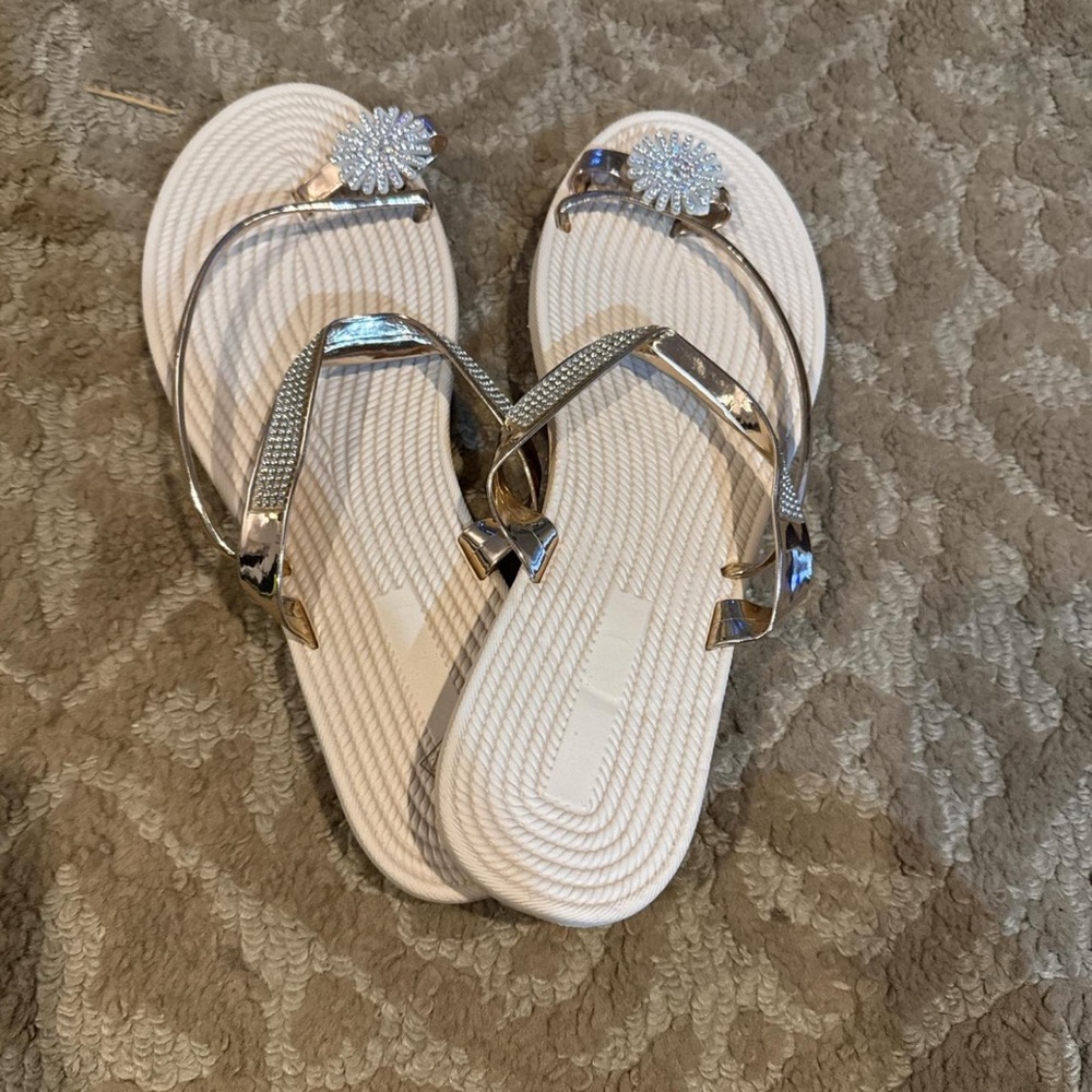 Silver and Cream Flip Flops with Rhinestone Detail